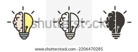 Creative icon of a half brain half lightbulb representing ideas, creativity, knowledge, technology and the human mind. Solving problems concept in 3 different styles - Filled outline, empty outline,  