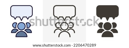 Team group of people speaking and debating with a speech bubble. Vector icon design illustration in 3 different styles. Filled outline with colors, thin line, flat