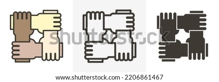Stylized icon design with 4 hands holding together. Illustration for different concepts like teamwork, community, unity and equality. 3 Different styles - Filled outline, empty outline, flat glyph