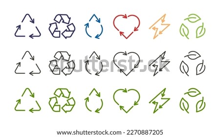Recycle, reuse, renewable icons. Vector thin line outline stroke illustration signs in triangle, drop, heart, leaves and bolt shape. Different color styles