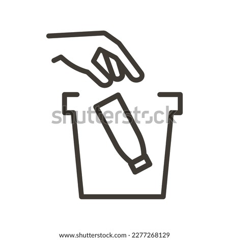 Vector thin line icon outline linear stroke illustration of hand throwing bottle into trash bin.