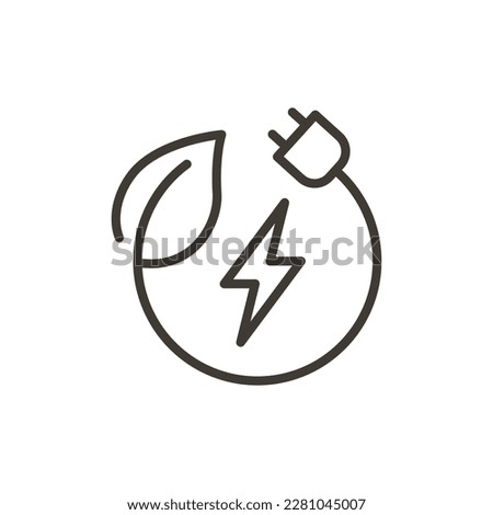 Leaf, plug plant and electricity vector thin line outline icon illustration. Image for electricity, saving energy, sustainability, renewable alternative energies