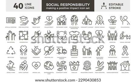 40 thin line vector icons with editable stroke related with social responsibility, volunteering and humanitarian causes