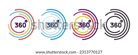 360 degrees. 360º area view, virtual reality related vector graphic element linear stroke icon in 4 color schemes. Modern style with colorful circle lines