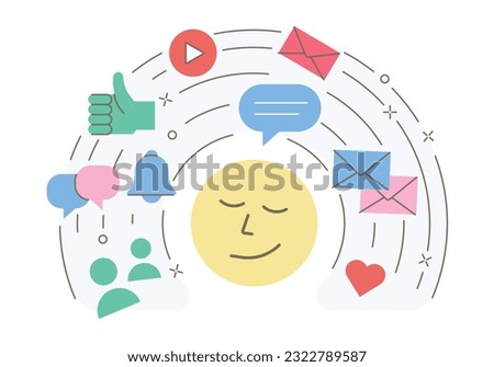 Vector illustration for social media, marketing and advertising concepts. Emoticon with different flat icon illustrations related with online business communication