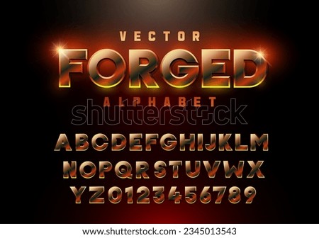 Vector forged alphabet, metallic 3d font in orange tones inspired by molten rock, lava, fire, blacksmithing; ideal for festivals, club logos, automotive, adventure, branding, fiery and bold projects.