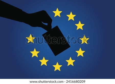 European vote vector: Silhouette of an arm holding a ballot voting paper centered within the EU flag's circle of 12 gold stars, symbolizing active participation in EU elections.