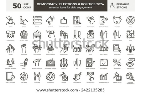 Democracy, elections and politics line icon set: 50 editable stroke vector icons for civic engagement. Ideal for the busy election year of 2024 and beyond. Go vote!