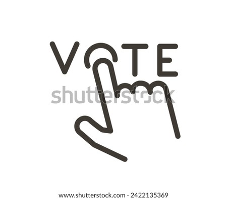 Universal voting vector icon: hand pointing to 'O' in 'VOTE' with thin line design, in black, symbolizing general voting for all types of elections and decisions.