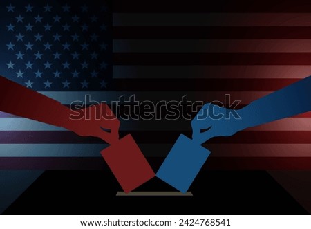 Vector USA voting scene: two hands casting ballots into a voting box, set against the backdrop of the American flag, symbolizing participation in United States of America elections