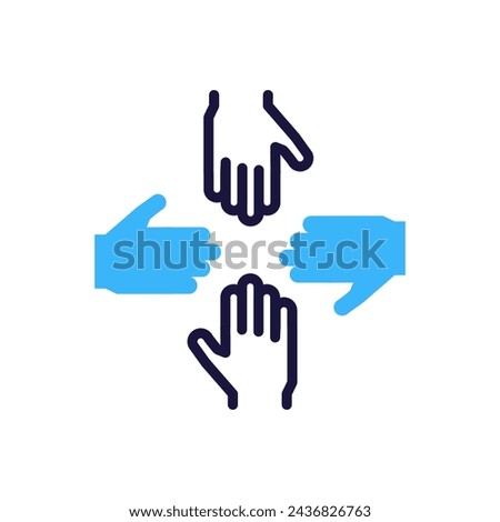Unity symbol icon with four open palms. Vector illustration symbol for collaboration, mutual support, and solidarity concept