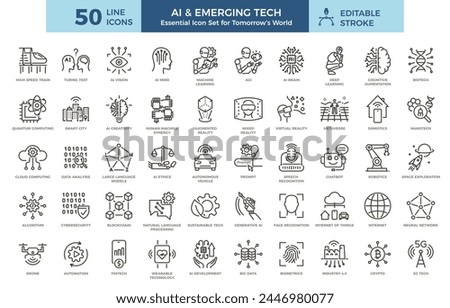 Ai and emerging future tech icon set. Artificial intelligence, technology, innovation, digital and industry 4.0 thin line outline graphic elements.