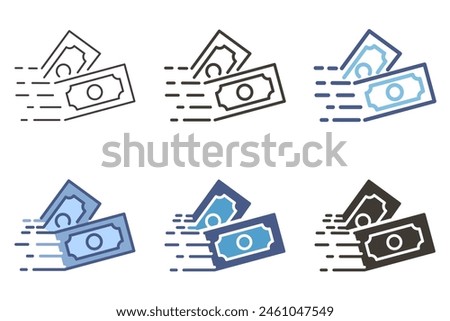 Money transfer payment, stack of money bills sent flying icon. Vector graphic elements for transactions