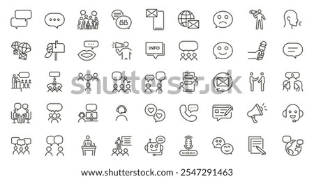 Communication, speaking and talking vector editable thin line icon set. People interacting, speech bubbles, social interactions, collaboration and multiple communicating methods