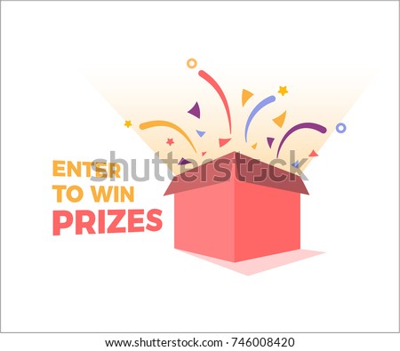 Prize box opening and exploding with fireworks and confetti. Enter to win prizes design. Vector illustration