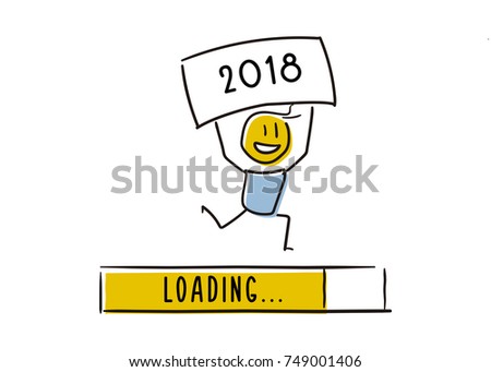 Cute little character happily announcing the new year approaching. Loading Bar almost reaching 2018. Vector doodle illustration