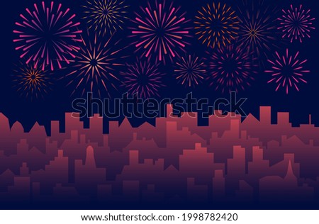 Urban background with celebrated festive firecracker over town. Night cityscape with fireworks. Vector evening skyscrapers silhouette and bright holiday salute