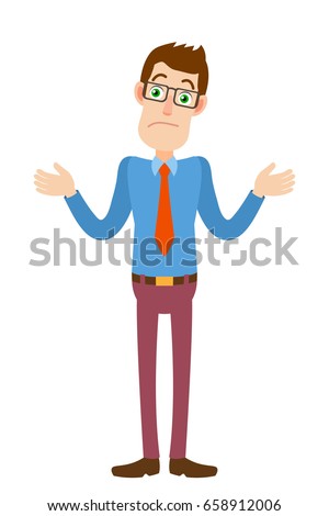I don't know. Businessman shrugging his shoulders. Full length portrait of Cartoon Businessman Character. Vector illustration in a flat style.