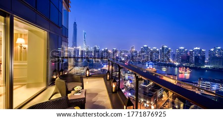 Night view of the Huangpu River from the balcony of the Shanghai Luxury Hotel in Asia China