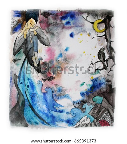 Magical flute player, hand drawn watercolor illustration