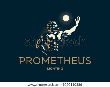 Prometheus holds the light in his hand. Vector emblem.