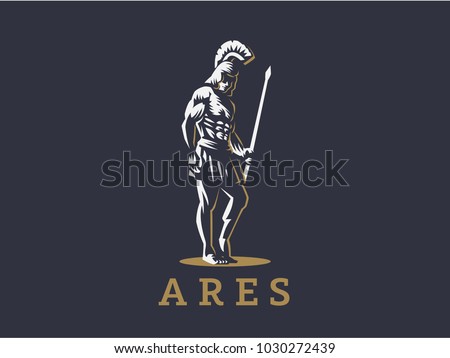 God Ares or Mars with a spear in his hands. Vector emblem.