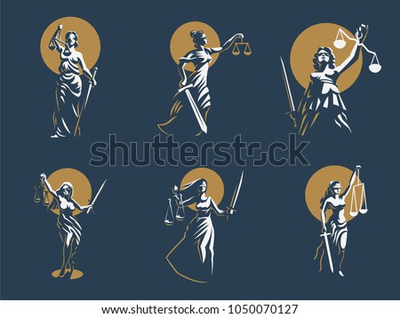 The goddess of justice Themis. Set. Vector illustration