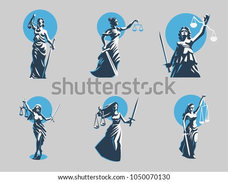 The goddess of justice Themis. Set. Vector illustration