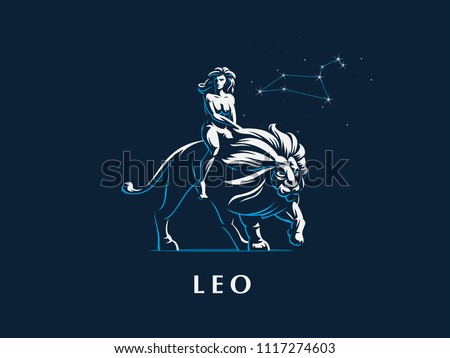 Sign of the zodiac Leo. A woman is riding a lion. Constellation of Leo. Vector illustration. Foto stock © 