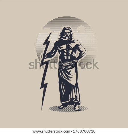 God Zeus or Jupiter. A man with a beard in a tunic. Lightning in hand.