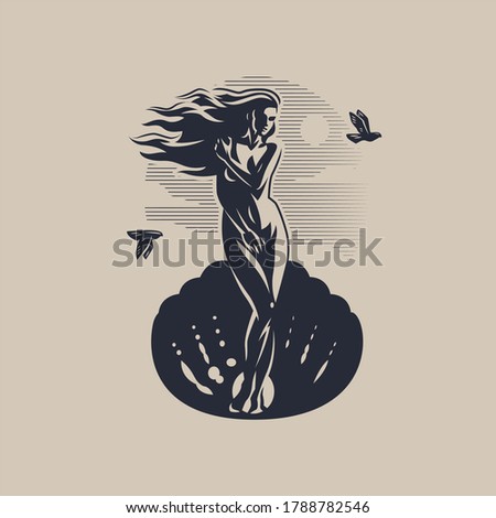 Goddess Aphrodite or Venus. A woman with developing hair stands in a shell. Stok fotoğraf © 