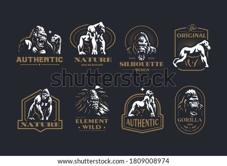 Collection of vintage vector emblems with the image of a gorilla and a monkey in different poses and portrait.