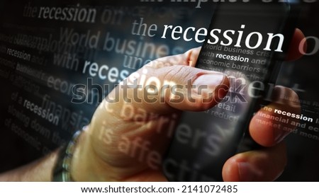 Social media on display with recession, market crisis, economy and business crash. Searching on tablet, pad, phone or smartphone screen in hand. Abstract concept of news titles 3d illustration. Сток-фото © 