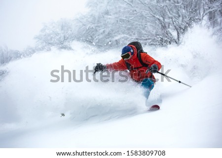 Similar – Image, Stock Photo Skier with red jacket and green backpack in icy snowy landscape walks on lonely ski track on way to mountain in evening light