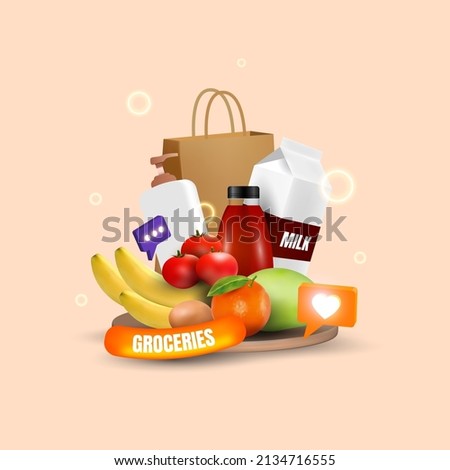 Grocery shopping 3D illustration vector. poster and promotion design