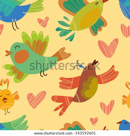 Seamless texture with birds and  hearts.Spring birds seamless pattern. Colorful texture