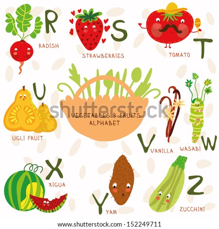 Vector illustration of fruit and vegetables. A, b, c, d, e, f ,g,h letters.Radish,strawberries,tomato,ugli fruit,vanilla,wasabi,xigua,yam,zucchini. Alphabet design in a colorful style. Zdjęcia stock © 