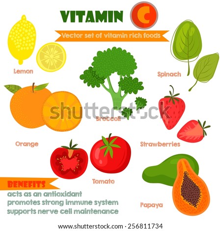 Vitamins and Minerals foods Illustrator set 1.Vector set of vitamin rich foods.Vitamin C-lemon, broccoli, oranges, spinach, strawberries, tomato and papaya