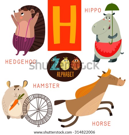 Cute Zoo Alphabet In Vector.H Letter. Funny Cartoon Animals:Hedgehog ...