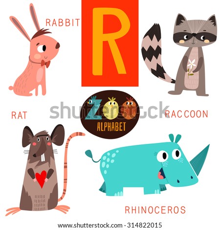 Cute Zoo Alphabet In Vector.R Letter. Funny Cartoon Animals:Rabbit ...