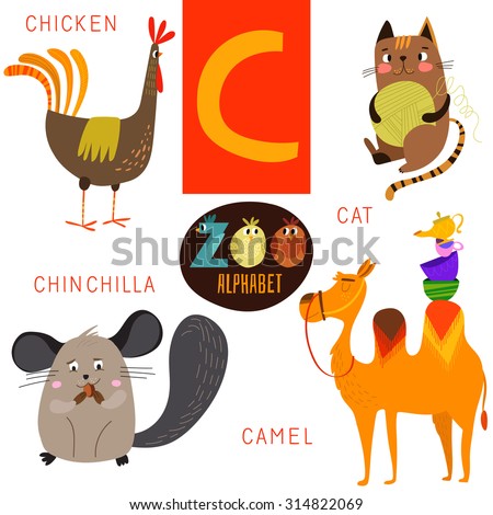 Cute Zoo Alphabet In Vector.C Letter. Funny Cartoon Animals:Chicken,Cat ...