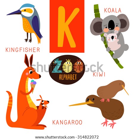 Cute Zoo Alphabet In Vector.K Letter. Funny Cartoon Animals:Kingfisher ...