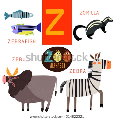 Cute Zoo Alphabet In Vector.Z Letter. Funny Cartoon Animals:Zebrafish ...