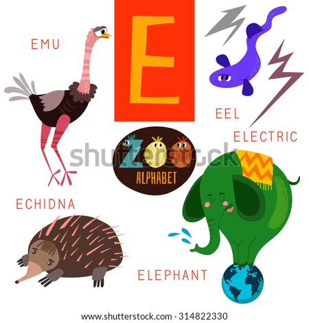 Cute Zoo Alphabet In Vector.E Letter. Funny Cartoon Animals: Emu ...