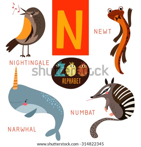 Cute Zoo Alphabet In Vector.N Letter. Funny Cartoon Animals:Nightingale ...