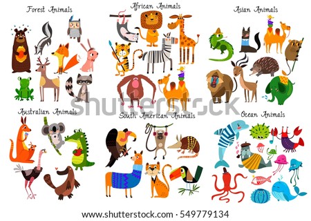 Big collection of cute cartoon animals from different continents: Forest,Australian, African ,South american animals,Ocean animals and Asian animals.Vector illustration isolated on white