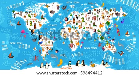 Cartoon animal world map. Animals from all over the world,oceans and continents.Great for kids design,educational game,magnet or poster design.Vector illustration - stock vector