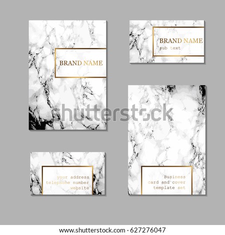 Business card and cover template set. Elegant and abstract branding identity kit with marble texture and golden foil details. Vector design for decorators, artists, fashion bloggers, stylists and more