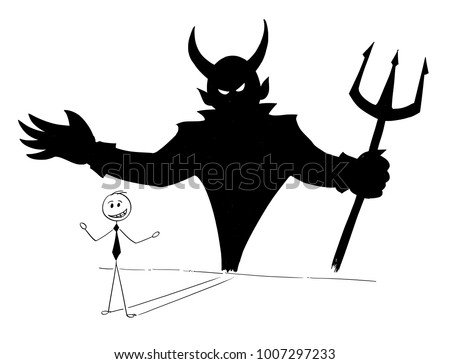 Cartoon stick man drawing conceptual illustration of businessman and his devil inside shadow on the wall. Business concept of success and self inconsiderateness.