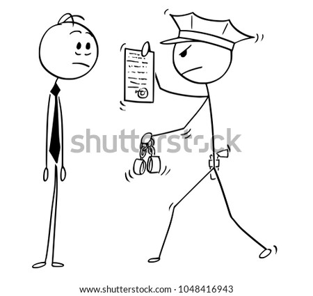 Cartoon stick man drawing conceptual illustration of businessman arrested by policeman. Business concept of crime and punishment. 商業照片 © 